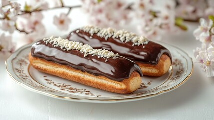 Wall Mural -   Close-up of two pastries on a plate on a table, surrounded by flowers and a vase