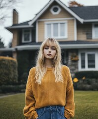 Wall Mural - Young woman in a cozy sweater stands in front of a charming suburban home