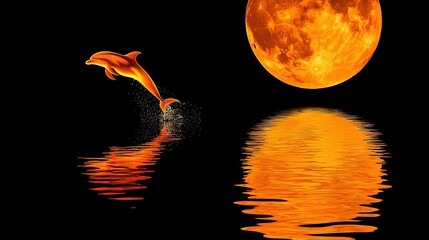 Canvas Print -   A pair of dolphins leap from the water beneath an enormous orange lunar backdrop above a tranquil sea