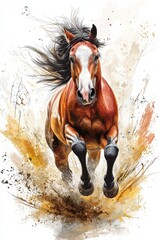  Illustration of a galloping horse with splashes of earthy tones, capturing dynamic movement and energy in a vivid artistic style, Ai Generation