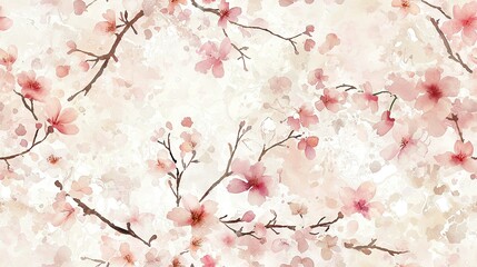 Wall Mural -   Watercolor artwork featuring a branch with blossoms in shades of pink against a pale pink backdrop, accented with white and additional pink florals