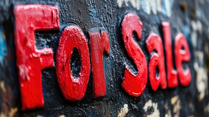 Close-up image of a textured, weathered outdoor For Sale sign with bold red lettering against a dark background, capturing a sense of urgency and attention