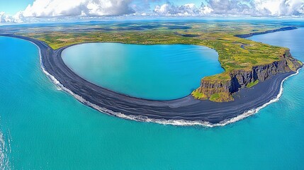 Poster -   An island surrounded by water, featuring a black sand beach on its shore