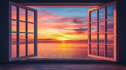 Wall Mural -   An open window showing a sunset over a distant body of water