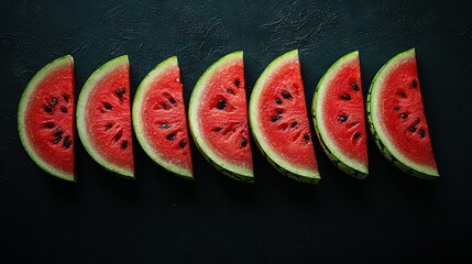 Poster -   A line of watermelon slices rests on a dark table beside another slice