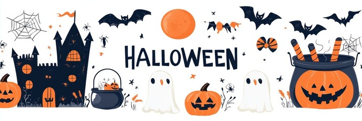 Wall Mural - flat Halloween elements set isolated on white background, featuring pumpkins and ghosts with text 