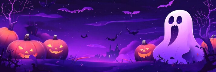 flat cartoon Halloween elements collection with halloween symbols, pumpkin, bat and ghost in purple color isolated on white background Generative AI