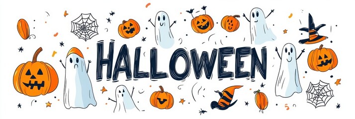 Wall Mural - Halloween party elements, collection with pumpkins and ghosts isolated on white background, cartoon style design, simple hand drawn doodle art style, large text 