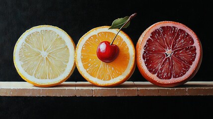 Poster -   A painting of oranges, apples, and grapefruits arranged in a row on a window sill