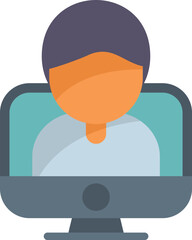 Poster - this icon depicts a man attending an online meeting using his desktop computer, perfect for represen