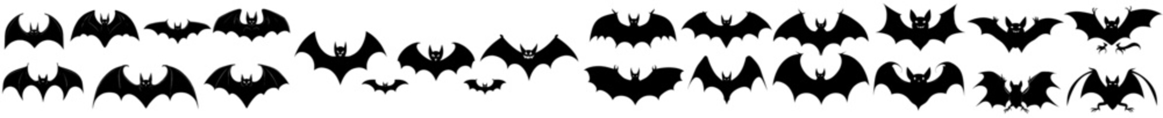 Shadow images of Halloween bats. Isolated modern black shapes of winged vampire animals on white background. Detailed icons, signs or pictograms depicting creepy and spooky nocturnal creatures.