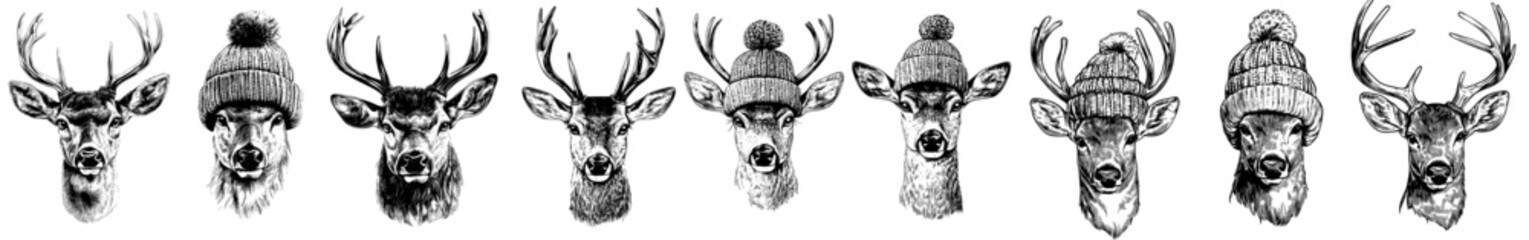 This is a cute fawn set. In a bobble hat and tweed cap with a pompom. A little deer with a headwear. It is presented in profile. Ears sticking out. A Christmas character. Isolated modern clipart