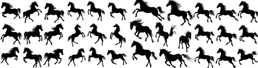 Black and white silhouettes of wild horses running on a white background.