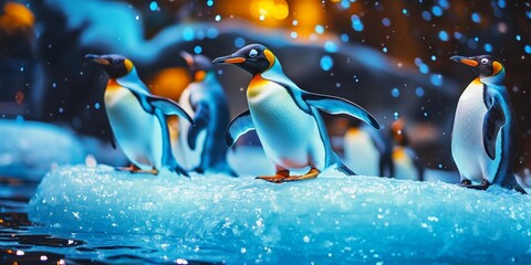 A cheerful group of penguins is splashing around on a shimmering ice floe. The scene is vibrant and full of life. This image captures the beauty of nature. AI