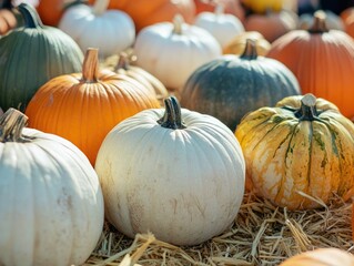 Sticker - Colorful pumpkins and gourds in various sizes and shapes displayed on straw at a market with white and orange pumpkins as well as long and round gourds creating a vibrant scene