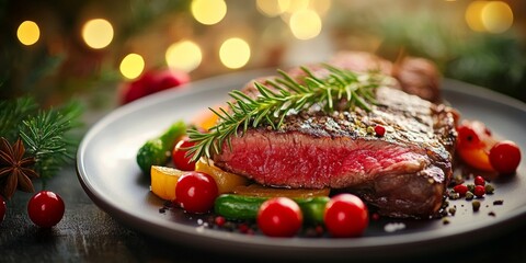 Sticker - A beautifully plated steak dish garnished with fresh herbs. This image captures a sumptuous meal perfect for festive occasions. The colors and textures are inviting and appetizing. AI