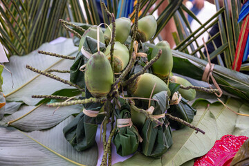 Chicken juane wrapped in bijao leaves. Peruvian jungle food, in all its varieties. Feast of San Juan, Iquitos Peru