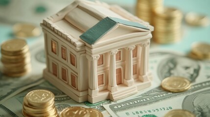 Wall Mural - Miniature bank building on stacks of gold coins and dollar bills.