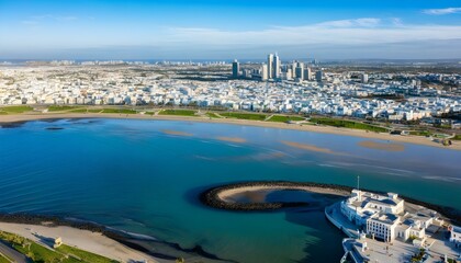 Stunning aerial perspective of Tangiers vibrant cityscape framed by water and urban architecture