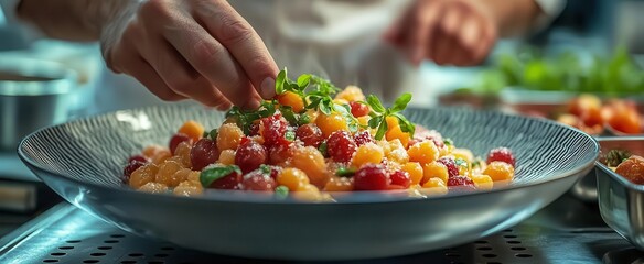 closeup of a chefs hands plating a gourmet dish vibrant colors of fresh ingredients and garnishes create an artistic culinary masterpiece