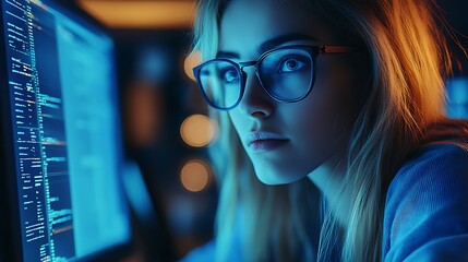 Wall Mural -  Female cyber security analyst analyzing AI cyberspace threats on computer in dark tech office data centre. Blue lighting. IT specialist ethical hacking 