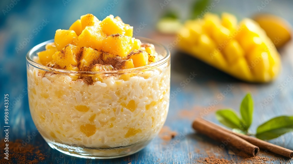 Mango Rice Pudding Whole Mango rice pudding with cinnamon, placed on a polished wood table with ...