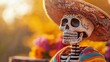 © Nattanon - Skeleton figure wearing a sombrero and colorful poncho, seated next to an altar, blending humor and tradition in Day of the Dead