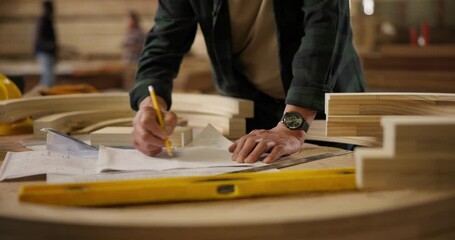 Poster - Carpenter, hands and pencil with drawing for construction, furniture or project. Closeup of person with design, wood and tools in a creative carpentry workshop for manufacturing, art or product craft