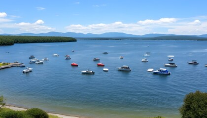 Serene aerial perspective of a boat gliding across Lake Winnipesaukee with majestic mountains rising in the backdrop