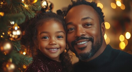 Portrait of a father and daughter decorating a Christmas tree. Christmas concept. Happy family decorating christmas tree