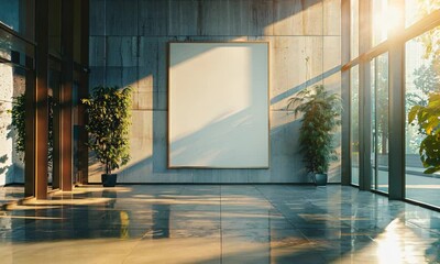 A blank poster mounted on a glass display against a wall with copy space