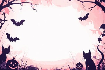 Wall Mural - A purple blank Halloween background with silhouettes of cats, bats, and pumpkins on the left side of the frame Generative AI