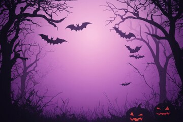 Wall Mural - A purple Halloween background with black silhouettes of trees, bats, and pumpkins Generative AI