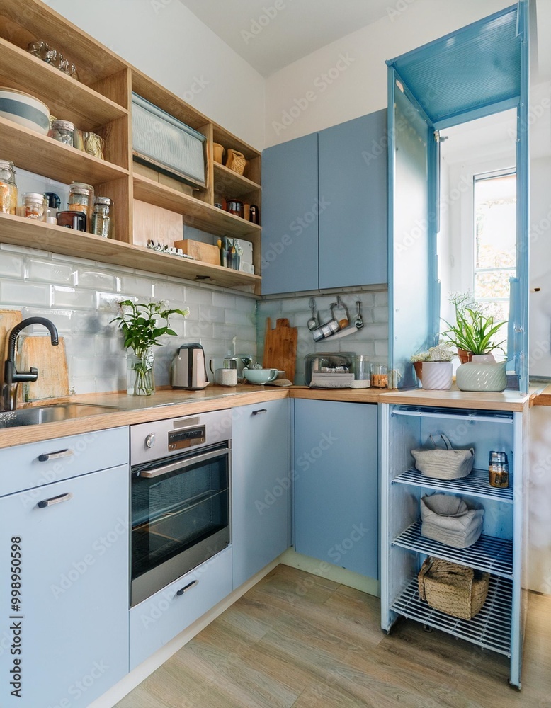 Small kitchen design with open shelving and clever storage solutions ...