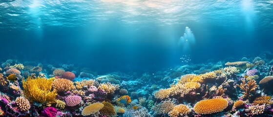 Bright and detailed illustration of an underwater coral reef, perfect for use in environmental conservation campaign or as part of educational materials about ocean conservation and marine ecosystems.