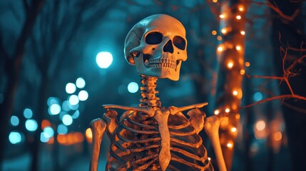 Wall Mural - spooky skeleton with bokeh in night setting