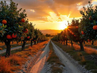 Poster - sunset on the road , orange garden