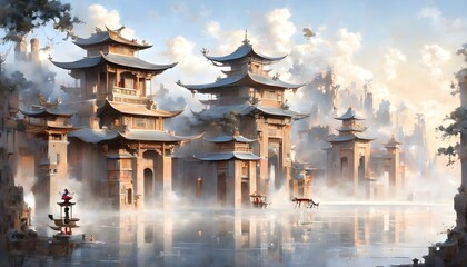 Wall Mural - Serene lakeside view of Asian architecture enveloped in ethereal clouds