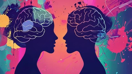 Poster - Two silhouettes facing each other with brains exposed and connected by a colorful splash background representing the concept of idea sharing and brainstorming