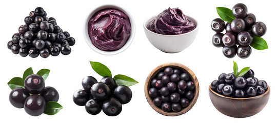acai açaí berry berries fruit, many angles view top front heap pile bowl puree brazilian acai isolat