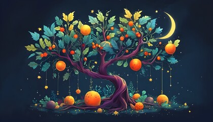 Magical tree adorned with star-shaped leaves and celestial fruits in a whimsical fantasy graphic design illustration