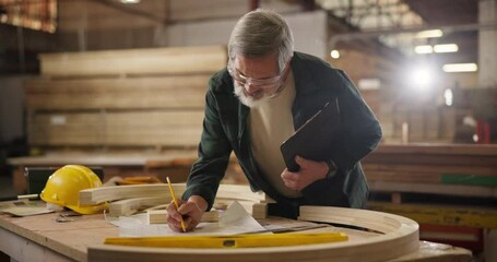 Aufkleber - Carpenter, pencil and drawing with blueprint for construction, furniture or project. Senior person, planning and wood with tools in a creative carpentry workshop for manufacturing, art and craft