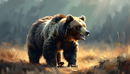 Wall Mural - Elegant fantasy illustration of a bear communicating in the wilderness through charming growls, blending cuteness with a sharp graphic design aesthetic