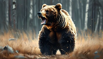 Wall Mural - Elegant fantasy illustration of a bear communicating in the wilderness through charming growls, blending cuteness with a sharp graphic design aesthetic