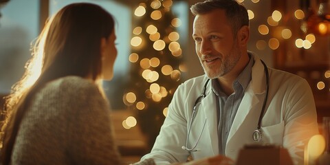 Wall Mural - A doctor and patient share a warm moment amid softly lit surroundings. The atmosphere is calm and inviting, ideal for wellness-themed projects. Friendly interaction inspires trust. AI