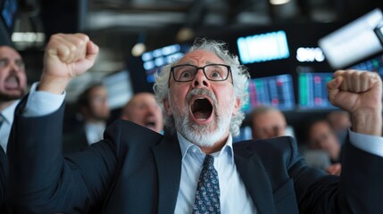 An elated trader raising both fists high in triumph inside a bustling stock exchange, surrounded by screens displaying various financial statistics and market movements.