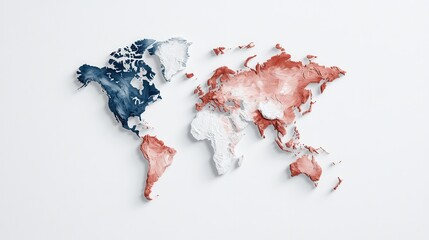 A creative and textured representation of world map with continents in different shades of blue and red, set against a white backdrop, highlighting artistic craftsmanship.