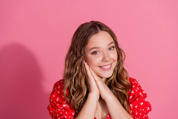 Wall Mural - Photo portrait of pretty teen girl dreamy charming wear trendy red outfit isolated on pink color background