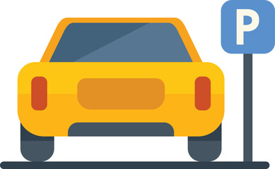 Poster - yellow car stopping on a parking space near a blue parking sign, back view of a vehicle on the road