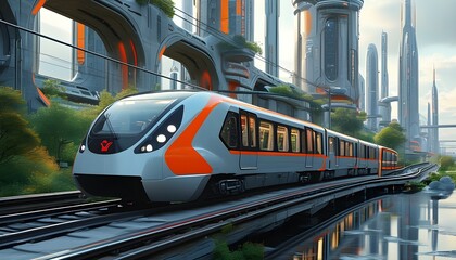 Wall Mural - futuristic subway train navigating through a high-tech urban landscape